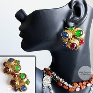 Vintage Statement Earrings Clip Style Multicolor Glass Stone Cabochons Unsigned